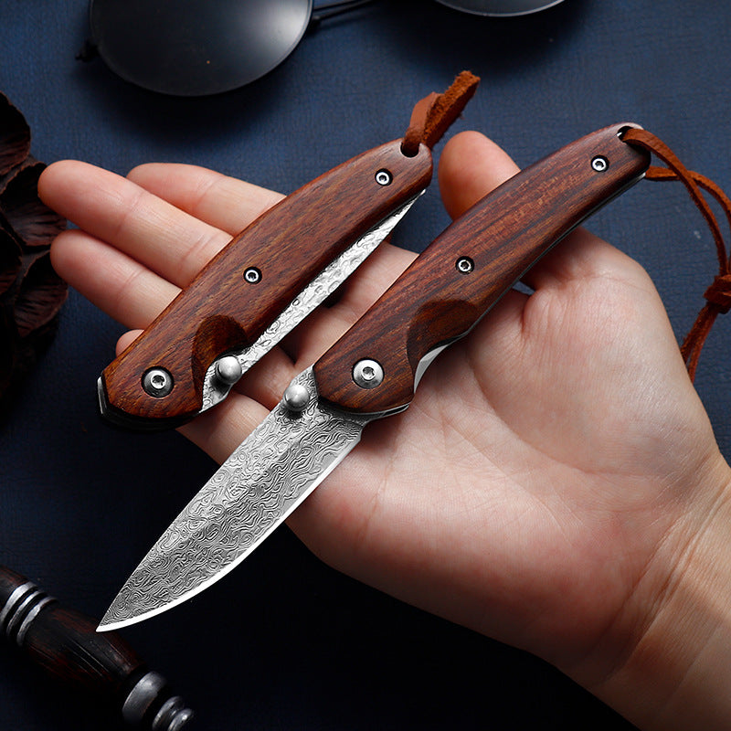 Mini Damascus Steel Folding Camping Knife Self-Defense