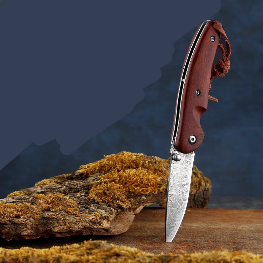 Mini Damascus Steel Folding Camping Knife Self-Defense