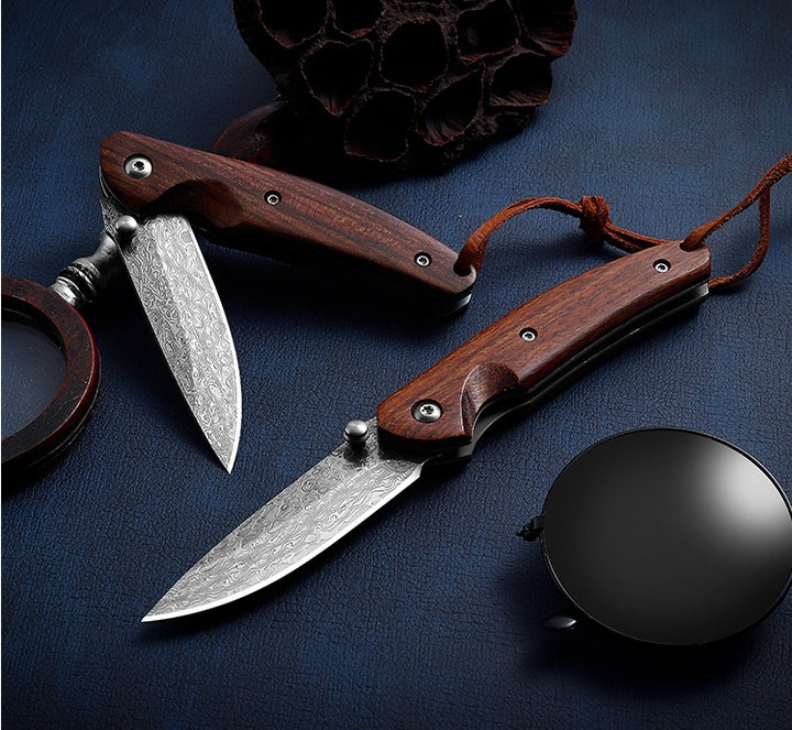 Mini Damascus Steel Folding Camping Knife Self-Defense